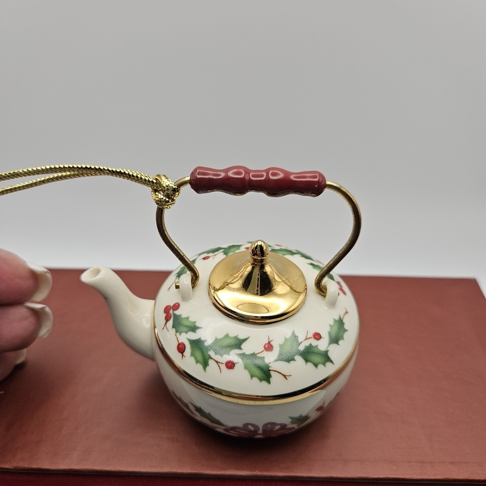 Lenox Holiday Tea Kettle Ceramic Hanging Ornament Holly Pattern Christmas - Picture 6 of 12